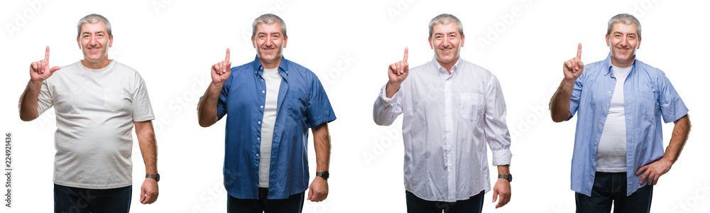 Collage of senior hoary man over white isolated backgroud showing and pointing up with finger number one while smiling confident and happy. Collage of senior hoary man over white isolated backgroud showing and pointing up with finger number one while smiling confident and happy.