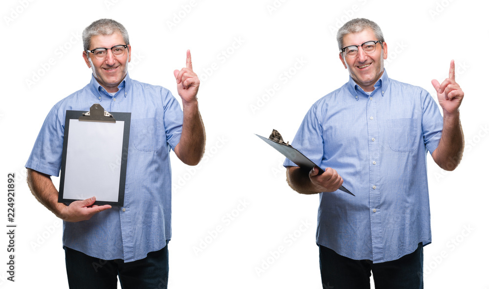 Collage of senior hoary business man holding clipboard over white isolated backgroud surprised with an idea or question pointing finger with happy face, number one Collage of senior hoary business man holding clipboard over white isolated backgroud surprised with an idea or question pointing finger with happy face, number one
