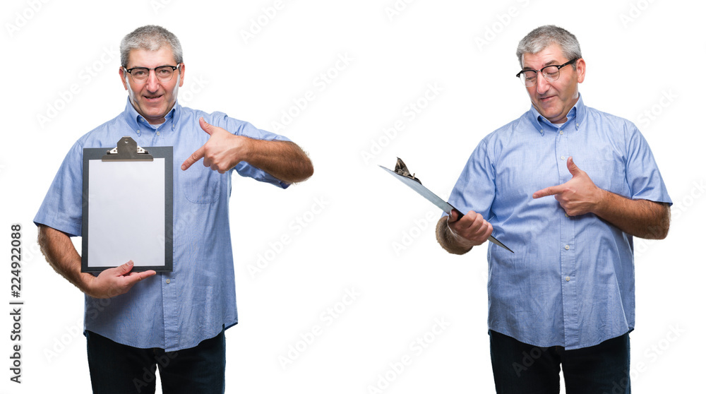 Collage of senior hoary business man holding clipboard over white isolated backgroud very happy pointing with hand and finger Collage of senior hoary business man holding clipboard over white isolated backgroud very happy pointing with hand and finger