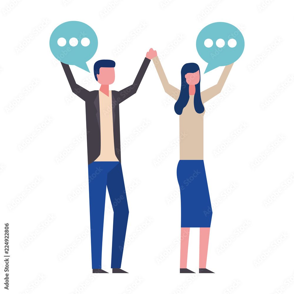young couple holding hands celebrating with speech bubble