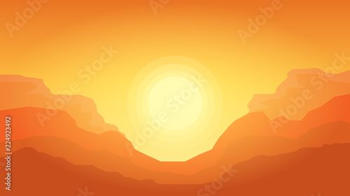 Desert landscape with mountains and sunshine. Canyon hills silhouette template with sun