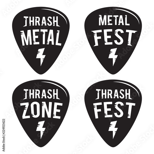 Rock fest badge/Label vector set. Thrash zone. Rock music hipster logo guitar pick mediators
