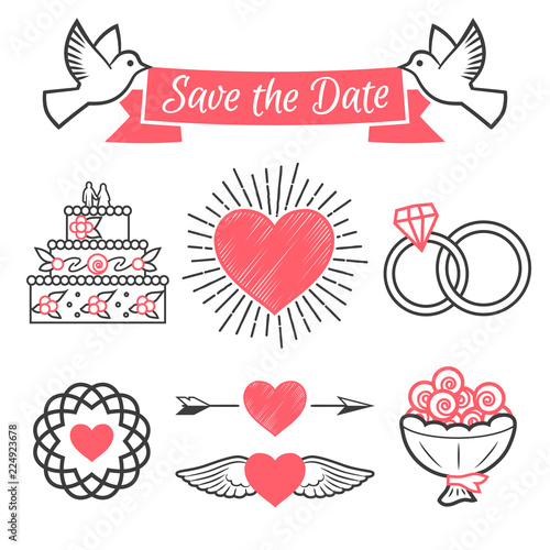 Save The Date Wedding Love Badges, Labels Design Elements For Invitation Cards Set. Designers toolkit