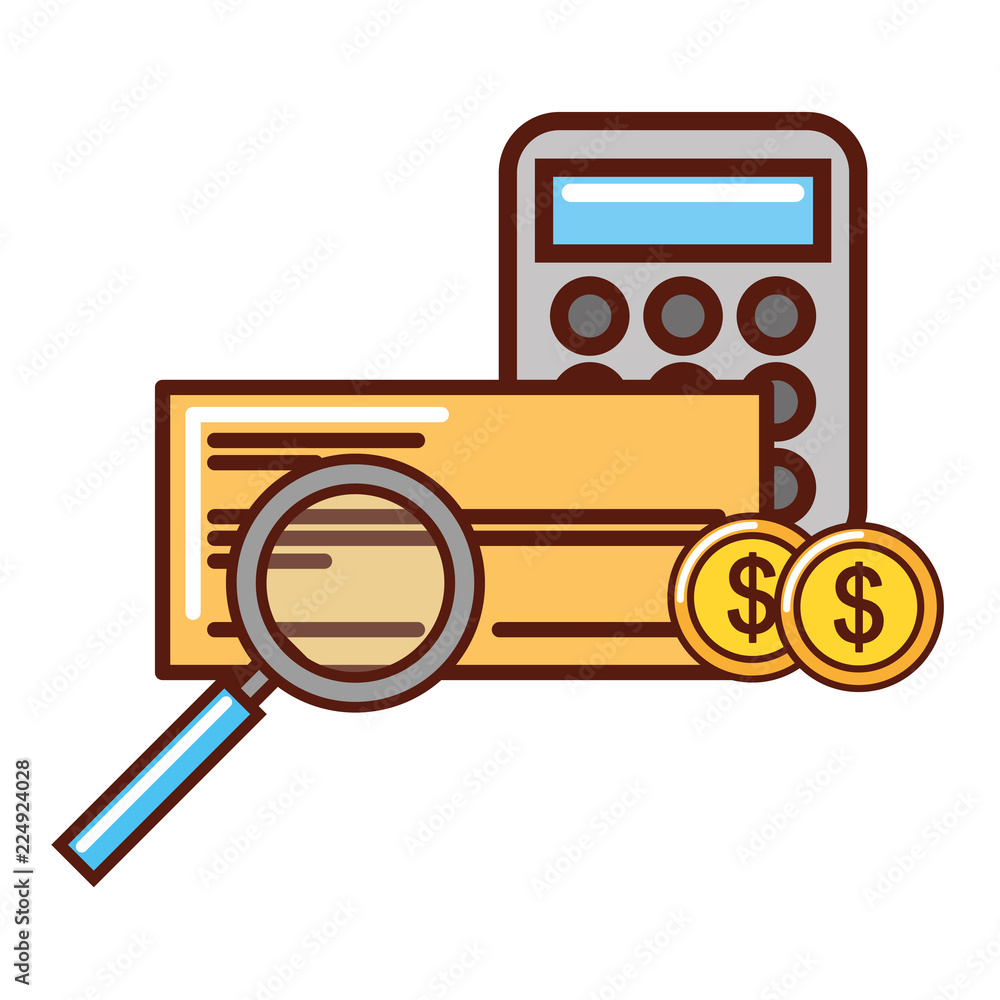 business calculator magnifying glass and coins check bank business calculator magnifying glass and coins check bank