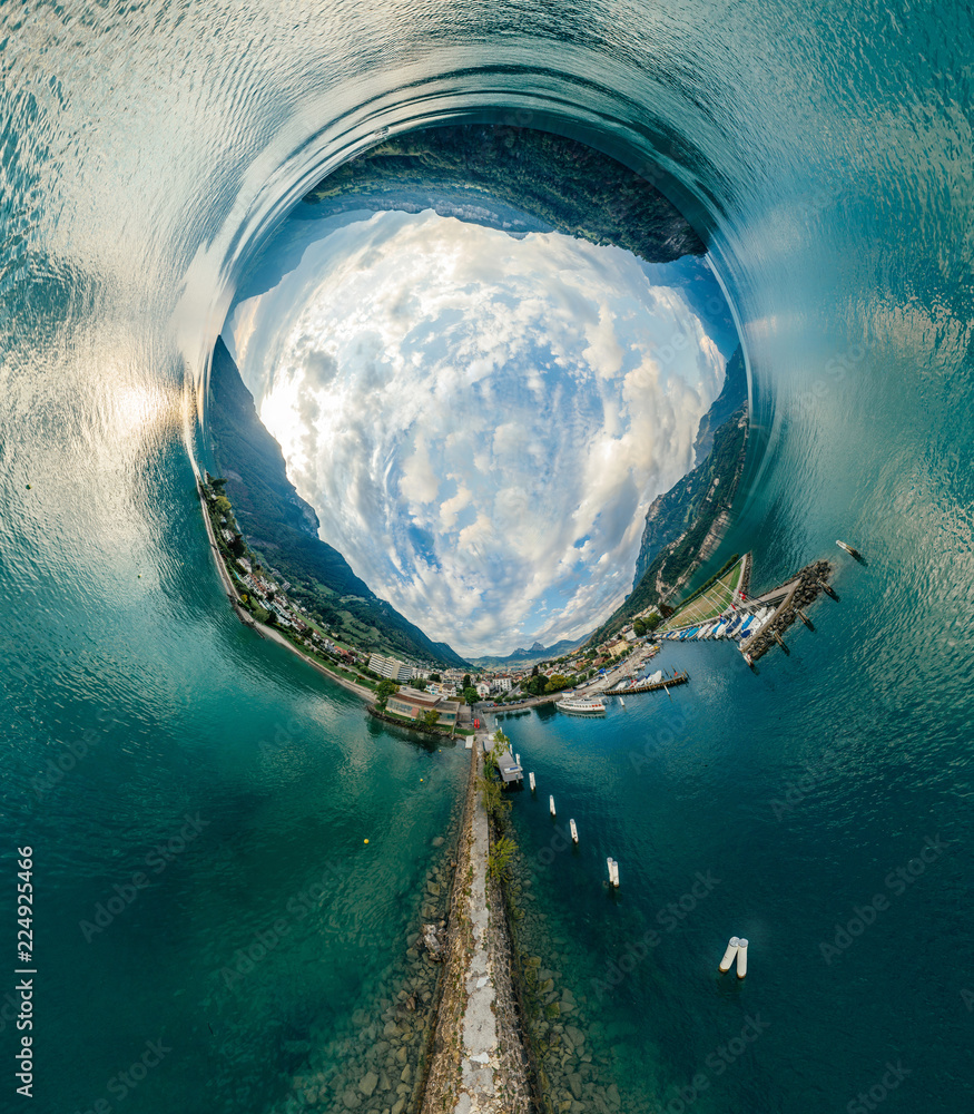 Fototapeta premium Swiss Mountain Lake nature Drone drone Air 360 vr virtual reality drone panorama