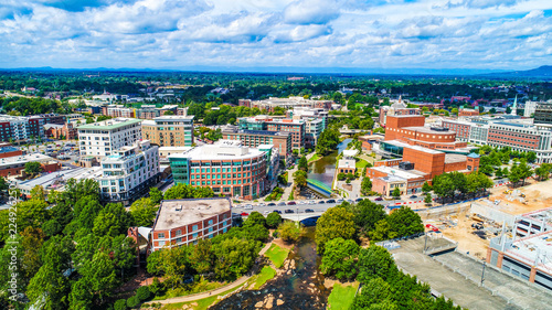 Aerial of River Place and Reedy River in Greenville, South Carolina, USA. photo