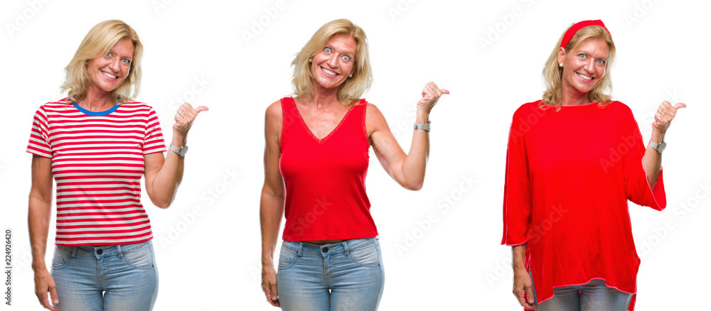 Collage of beautiful middle age blonde woman over white isolated backgroud smiling with happy face looking and pointing to the side with thumb up.