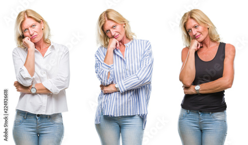 Collage of beautiful middle age blonde woman over white isolated backgroud thinking looking tired and bored with depression problems with crossed arms.