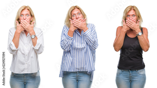 Collage of beautiful middle age blonde woman over white isolated backgroud shocked covering mouth with hands for mistake. Secret concept.