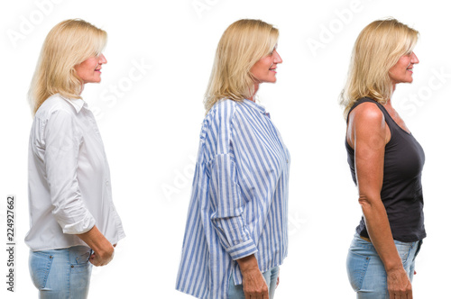 Collage of beautiful middle age blonde woman over white isolated backgroud looking to side, relax profile pose with natural face with confident smile.