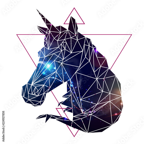 Abstract polygonal tirangle fantasy animal unicorn on open space background. Hipster animal illustration.