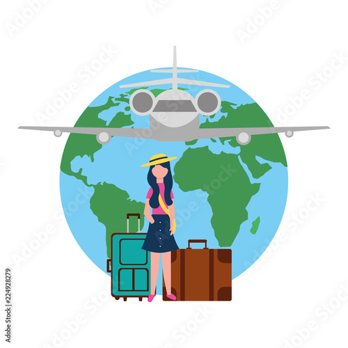 young woman with two suitcases travel airplane world