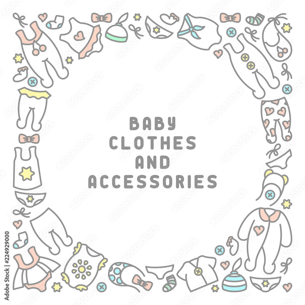 Baby clothes and accessories card. Linear style vector illustration. There is place for your text