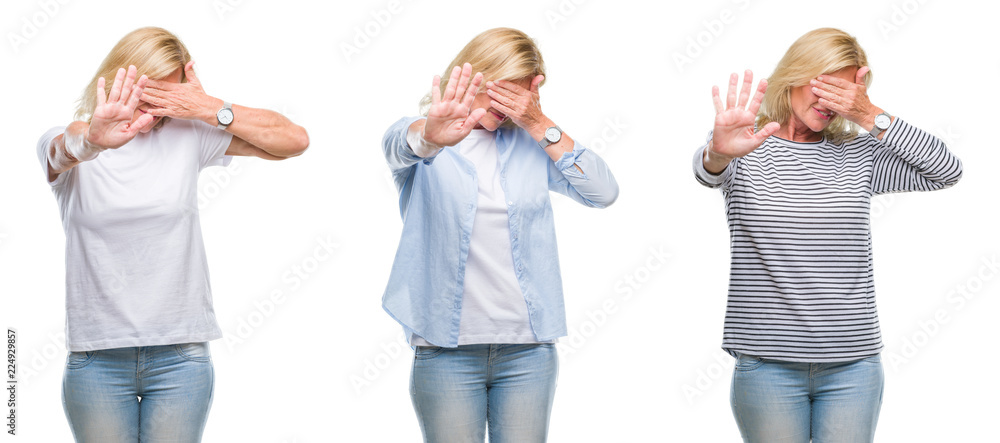 Collage of beautiful middle age blonde woman over white isolated backgroud covering eyes with hands and doing stop gesture with sad and fear expression. Embarrassed and negative concept.