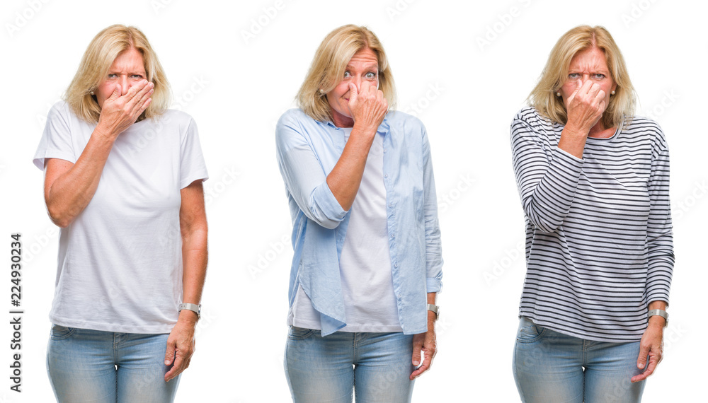 Collage of beautiful middle age blonde woman over white isolated backgroud smelling something stinky and disgusting, intolerable smell, holding breath with fingers on nose. Bad smells concept. Collage of beautiful middle age blonde woman over white isolated backgroud smelling something stinky and disgusting, intolerable smell, holding breath with fingers on nose. Bad smells concept.