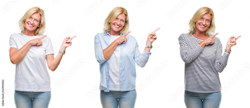 Obraz premium Collage of beautiful middle age blonde woman over white isolated backgroud smiling and looking at the camera pointing with two hands and fingers to the side.