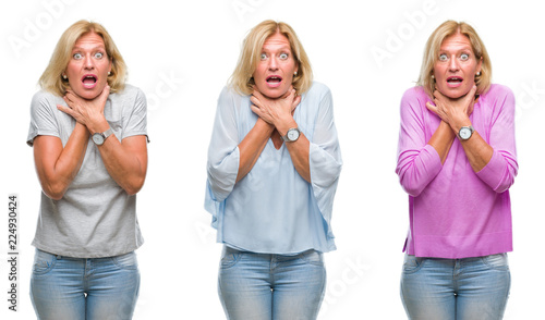 Collage of beautiful middle age blonde woman over white isolated backgroud shouting and suffocate because painful strangle. Health problem. Asphyxiate and suicide concept.