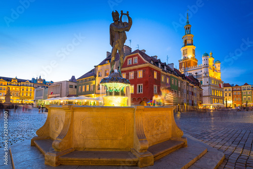 Architecture of the Main Square in Poznan at night, Poland.