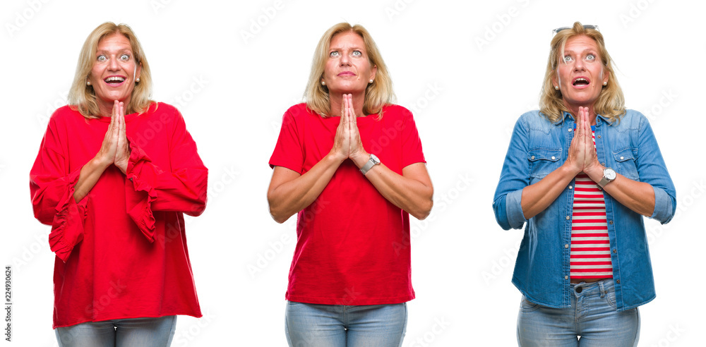 Collage of beautiful middle age blonde woman over white isolated backgroud begging and praying with hands together with hope expression on face very emotional and worried. Asking for forgiveness