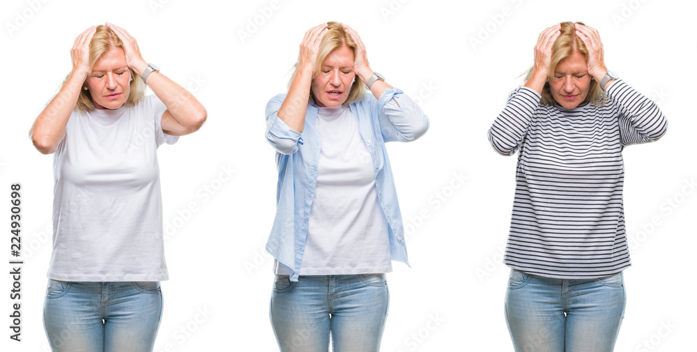 Collage of beautiful middle age blonde woman over white isolated backgroud suffering from headache desperate and stressed because pain and migraine. Hands on head.