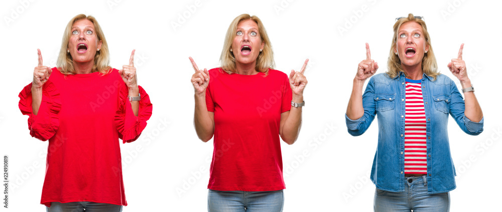 Obraz premium Collage of beautiful middle age blonde woman over white isolated backgroud amazed and surprised looking up and pointing with fingers and raised arms.
