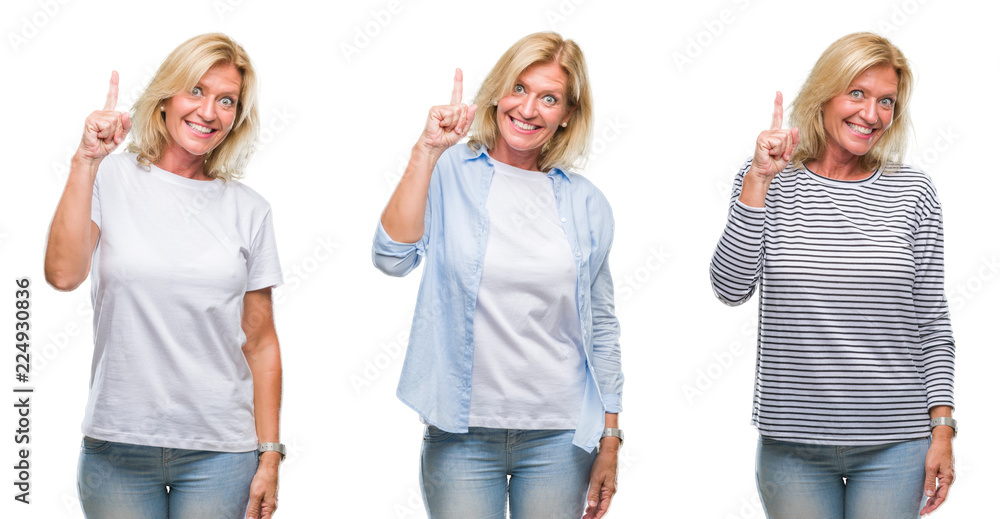 Obraz premium Collage of beautiful middle age blonde woman over white isolated backgroud pointing finger up with successful idea. Exited and happy. Number one.