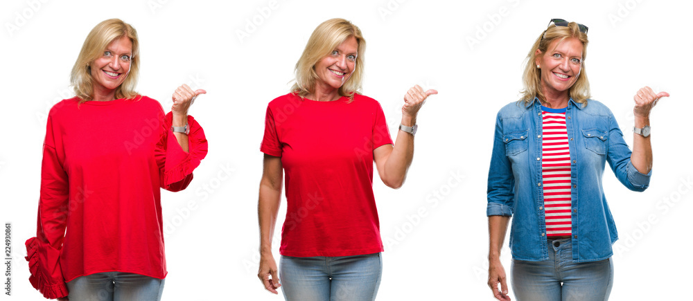 Collage of beautiful middle age blonde woman over white isolated backgroud smiling with happy face looking and pointing to the side with thumb up.