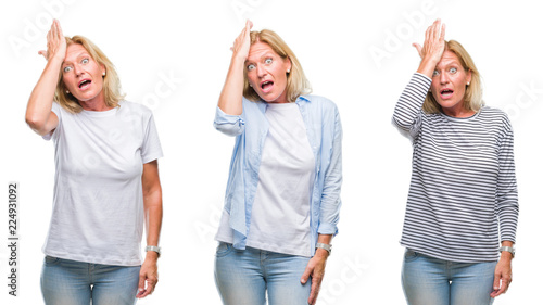 Фотография Collage of beautiful middle age blonde woman over white isolated backgroud surprised with hand on head for mistake, remember error