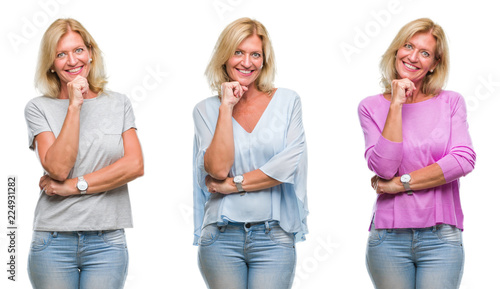 Collage of beautiful middle age blonde woman over white isolated backgroud looking confident at the camera with smile with crossed arms and hand raised on chin. Thinking positive.