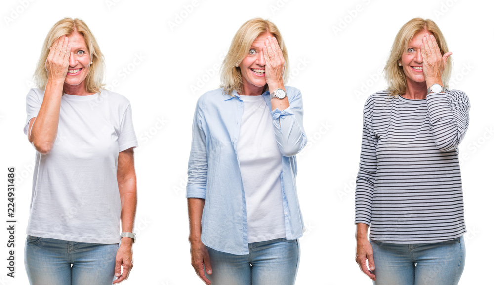 Fototapeta premium Collage of beautiful middle age blonde woman over white isolated backgroud covering one eye with hand with confident smile on face and surprise emotion.