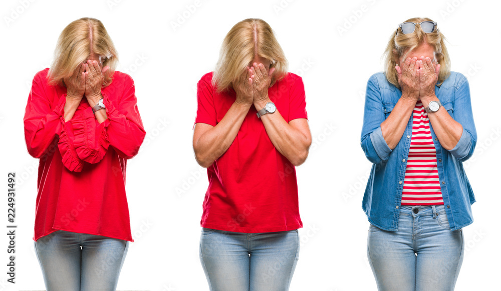 Collage of beautiful middle age blonde woman over white isolated backgroud with sad expression covering face with hands while crying. Depression concept. Collage of beautiful middle age blonde woman over white isolated backgroud with sad expression covering face with hands while crying. Depression concept.