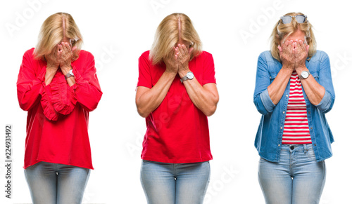 Collage of beautiful middle age blonde woman over white isolated backgroud with sad expression covering face with hands while crying. Depression concept.