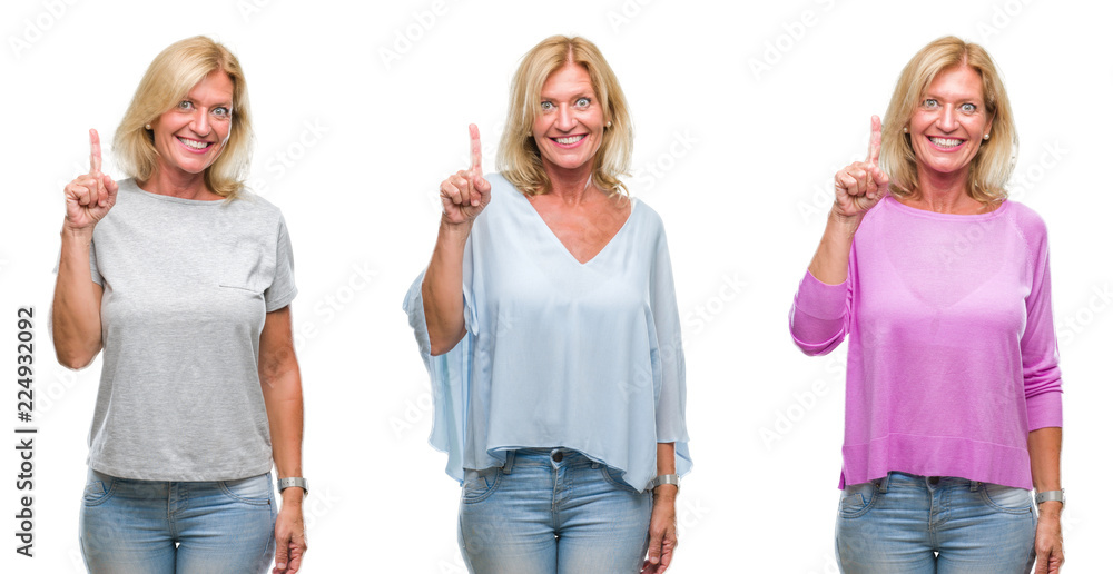 Collage of beautiful middle age blonde woman over white isolated backgroud showing and pointing up with finger number one while smiling confident and happy. Collage of beautiful middle age blonde woman over white isolated backgroud showing and pointing up with finger number one while smiling confident and happy.