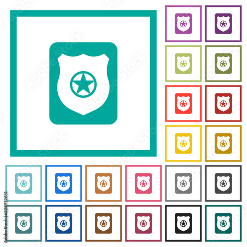 Police badge flat color icons with quadrant frames