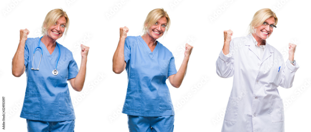 Obraz premium Collage of beautiful middle age blonde doctor woman white isolated backgroud very happy and excited doing winner gesture with arms raised, smiling and screaming for success. Celebration concept.