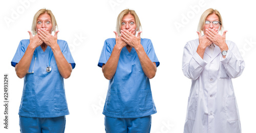 Collage of beautiful middle age blonde doctor woman white isolated backgroud shocked covering mouth with hands for mistake. Secret concept.