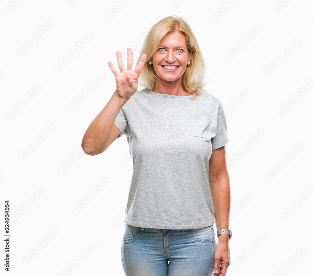 Middle age blonde woman over isolated background showing and pointing up with fingers number four while smiling confident and happy. Middle age blonde woman over isolated background showing and pointing up with fingers number four while smiling confident and happy.