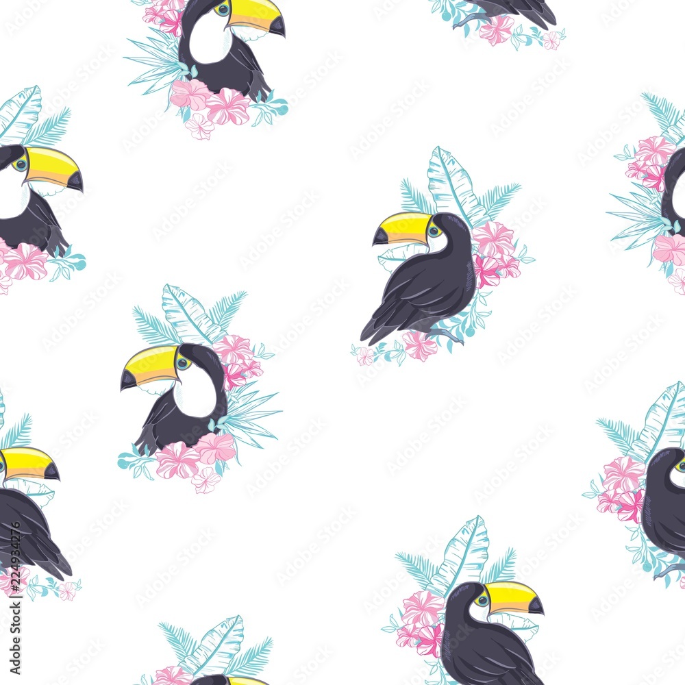 Naklejka premium Tropical seamless pattern with toucans, exotic leaves and pineapples. Vector illustration