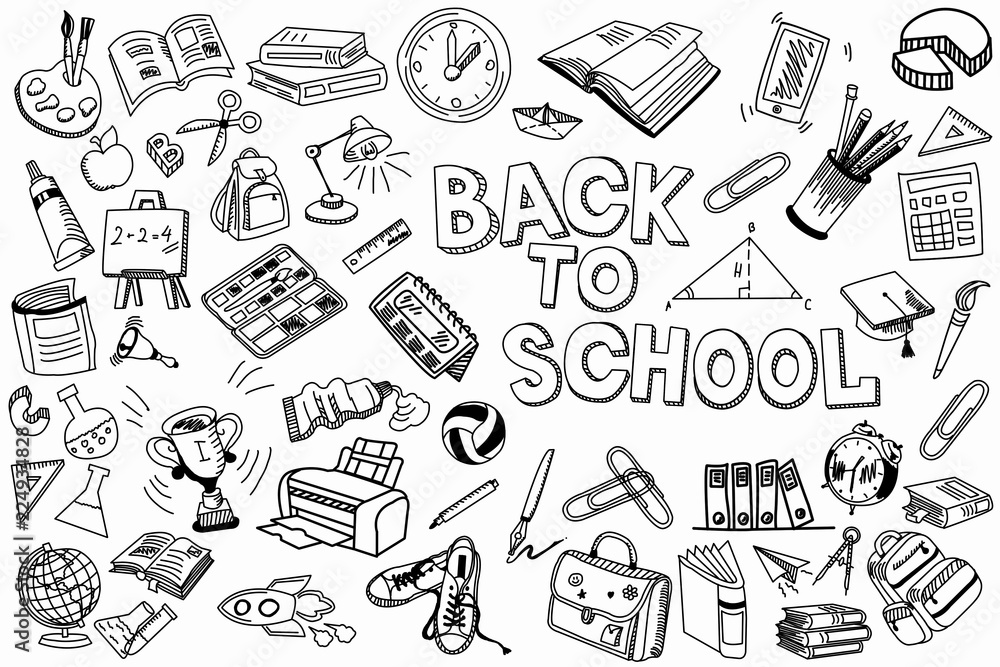 School and education doodles hand drawn sketch with symbols and objects. Education concept