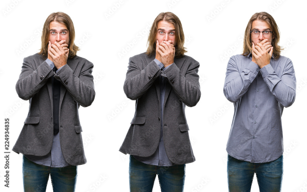 Collage of handsome business young man over white isolated backgroud shocked covering mouth with hands for mistake. Secret concept. Collage of handsome business young man over white isolated backgroud shocked covering mouth with hands for mistake. Secret concept.