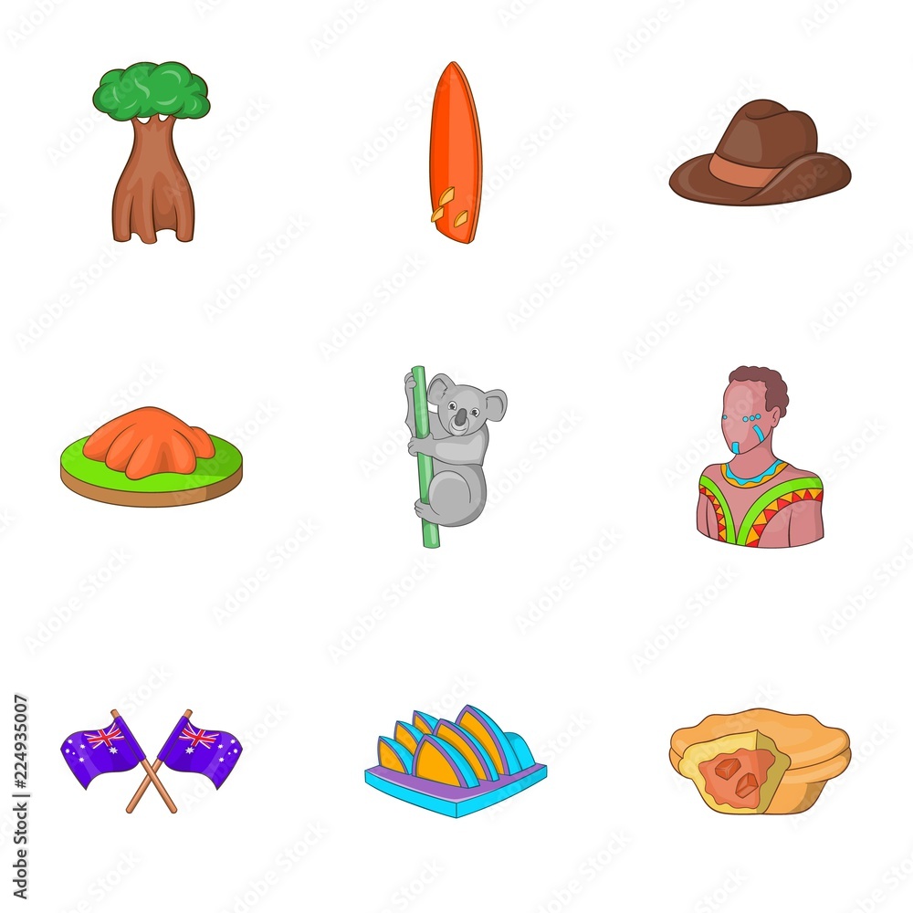 Australia tourists attractions icons set. Cartoon illustration of 9 Australia tourists attractions vector icons for web