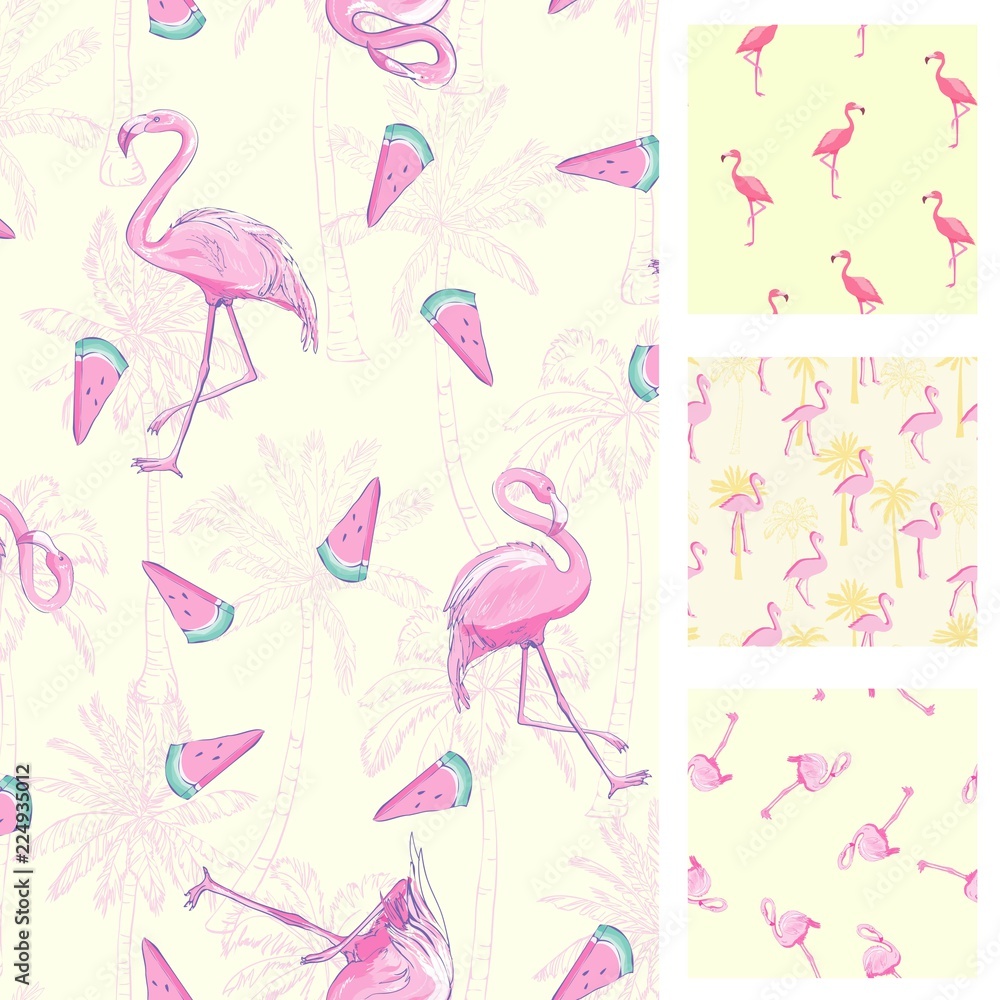 Cute set of Pink Flamingo tropical vibes seamless patterns. Vector illustration. Cute set of Pink Flamingo tropical vibes seamless patterns. Vector illustration.
