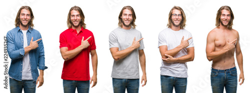 Collage of handsome young man wearing casual look over white isolated backgroud cheerful with a smile of face pointing with hand and finger up to the side with happy and natural expression on face