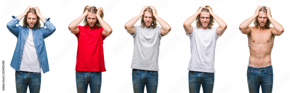 Collage of handsome young man wearing casual look over white isolated backgroud suffering from headache desperate and stressed because pain and migraine. Hands on head. Collage of handsome young man wearing casual look over white isolated backgroud suffering from headache desperate and stressed because pain and migraine. Hands on head.