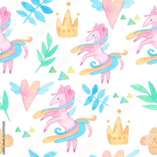 Fairy tale watercolor illustration. Cartoon seamless pattern with unicorn collection. Magic cute baby backgrounds. Pegasus  Stars  plants  flowers