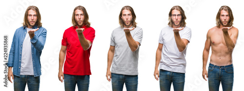 Collage of handsome young man wearing casual look over white isolated backgroud looking at the camera blowing a kiss with hand on air being lovely and sexy. Love expression.