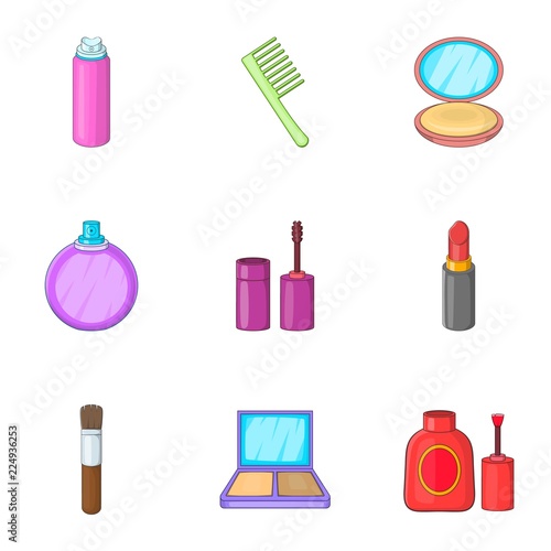 Makeup cosmetics icons set. Cartoon illustration of 9 makeup cosmetics vector icons for web