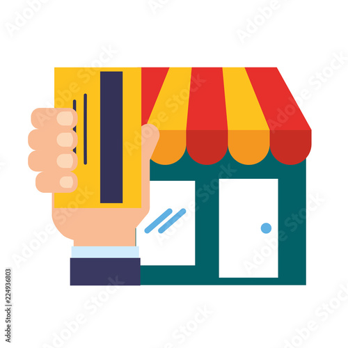 hand holding bank card market online shopping