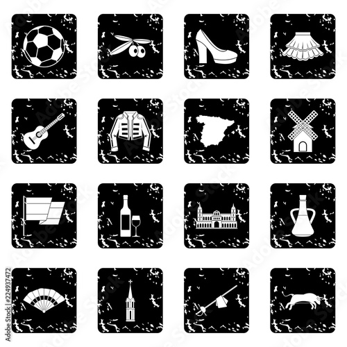 Spain travel icons set in grunge style isolated on white background vector illustration