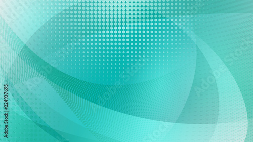 Abstract background of curved surfaces and halftone dots in white and turquoise colors